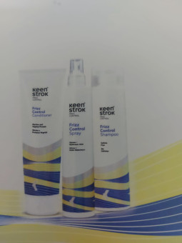 pack rutina anti frizz champú, bálsamo y spray keen strok