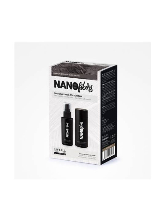 Nano fibers marrón oscuro Bifull, fibras capilares con keratina, incluye spray fijación fuerte 100ml + 25gr