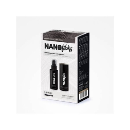 Nano fibers marrón oscuro Bifull, fibras capilares con keratina, incluye spray fijación fuerte 100ml + 25gr