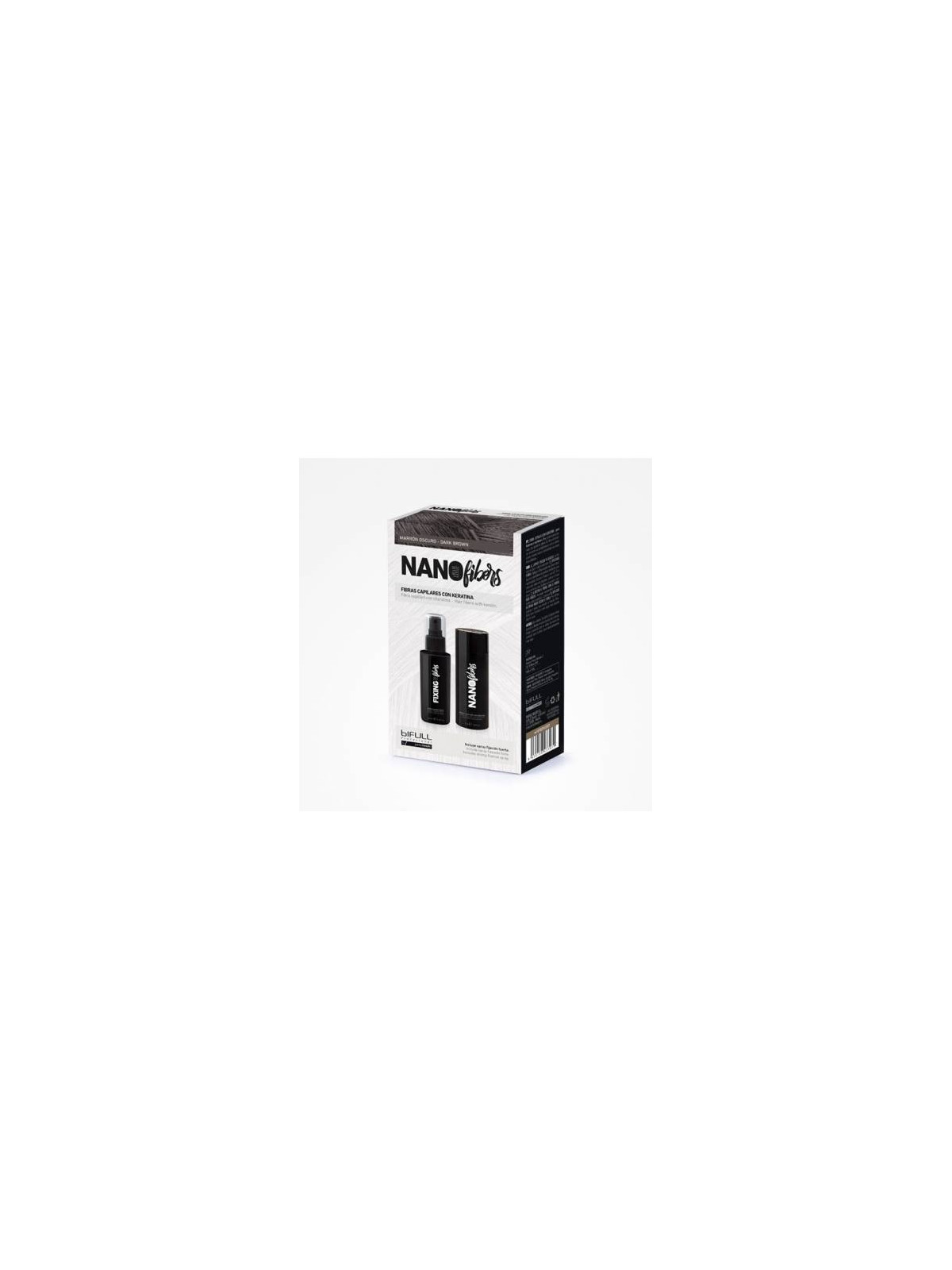Nano fibers marrón oscuro Bifull, fibras capilares con keratina, incluye spray fijación fuerte 100ml + 25gr