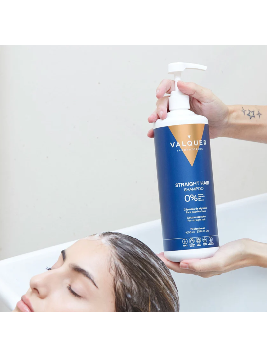 Champú para pelo liso Valquer- 0% Sin sulfatos ni sal 1000ml STRAIGTH HAIR SHAMPOO Capsulas de algodon para cabellos lisos