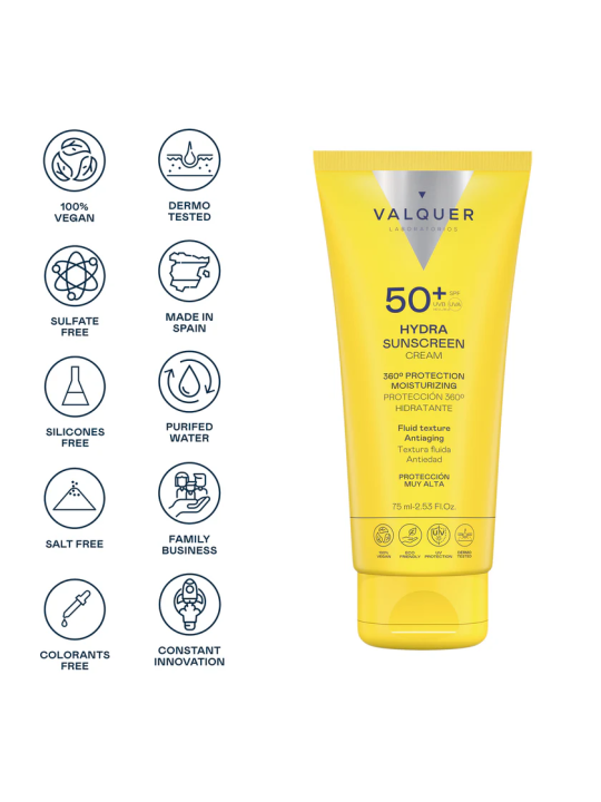 Crema Solar Facial SPF 50+ Antiedad de Valquer Laboratorios 75 ml - Protección 360º UVA, UVB para Todo Tipo de Piel Valquer