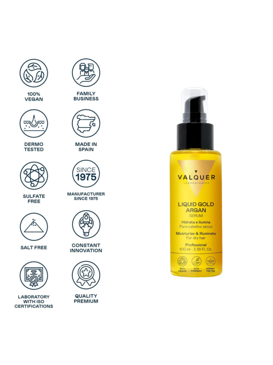 Valquer Laboratorios Serum Argán Oro Líquido Valquer - Rico en Aceite de Argán - Hidrata y Nutre el Pelo 100ml
